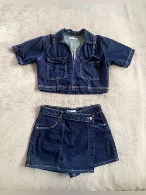 Zara Navy Blue Denim Crop Top and Skort Set Size S